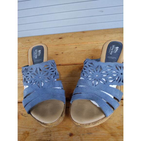 Spring Step Italian Leather Wedge Sandals Size 39/8.5 Blue Floral Cutout Cork - Picture 2 of 9